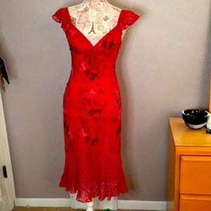 Betsy Johnson red floral mid length dress.